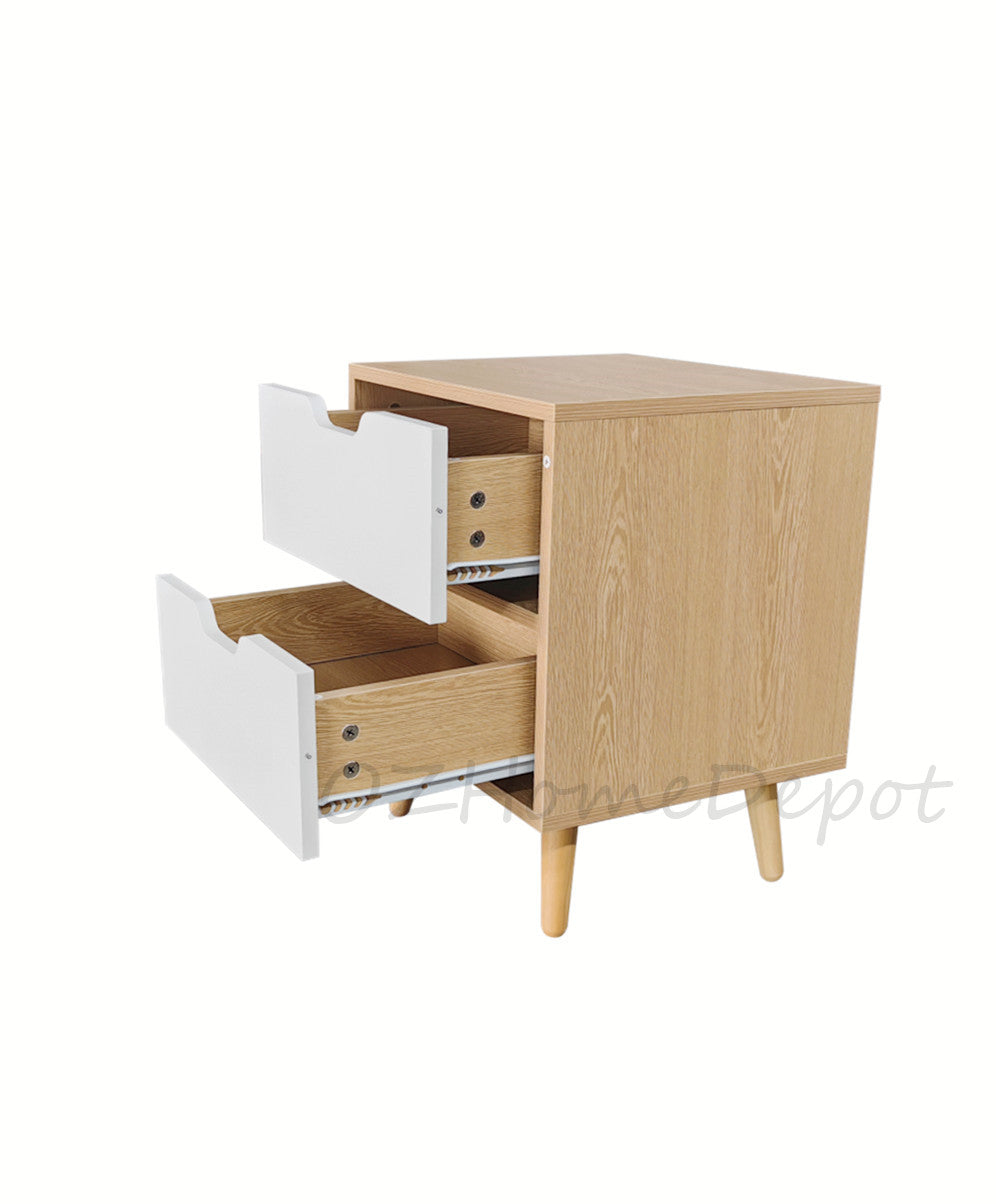 Natural Wood Color with White Double-Drawer Bedside Cabinet | Storage Cabinet | 0021