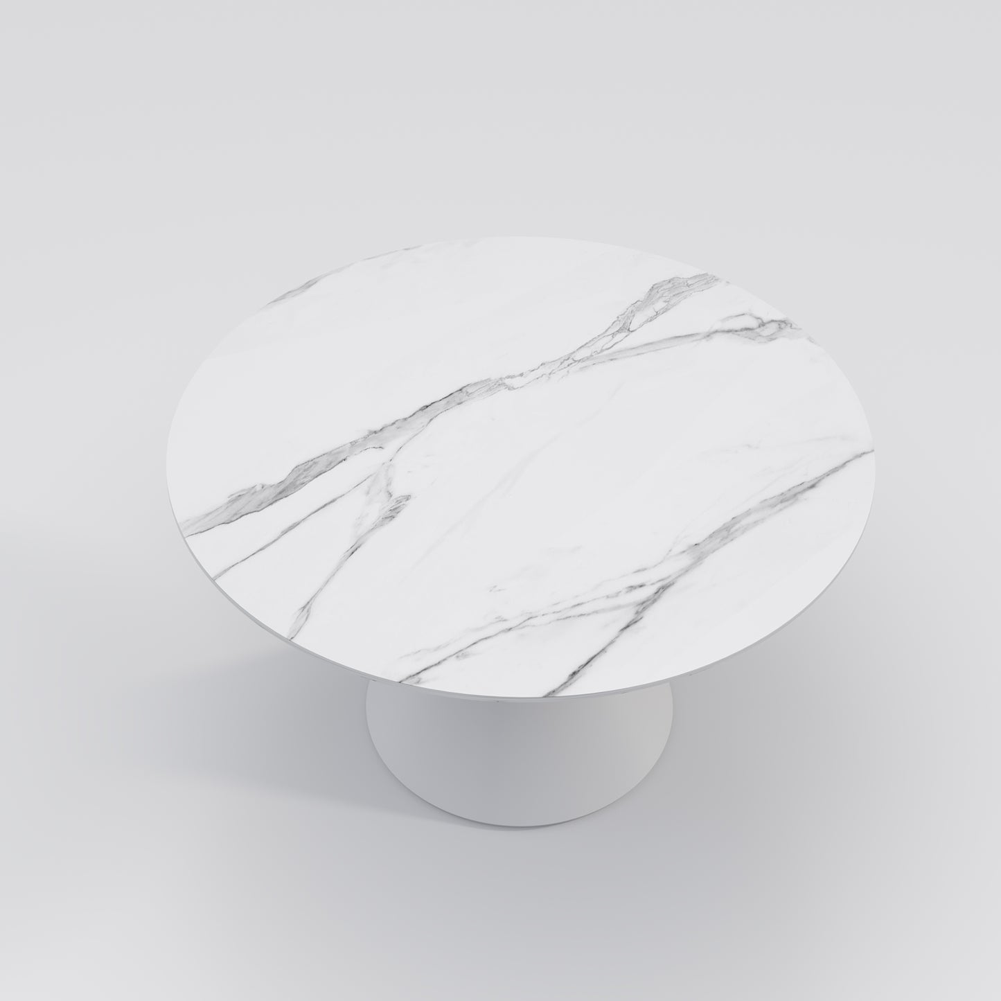 Wynot Sintered Stone Round Dining Table | Lazy Susan | White Steel Base | High Gross | Matte Fish-belly White Top 9090