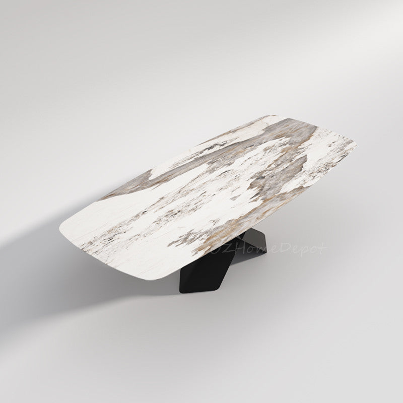 THIBAULT Multi-Size High-Gloss Pandora X Cross Carbon Steel Base Luxury Rock Slab Dining Table, Customizable | 9077