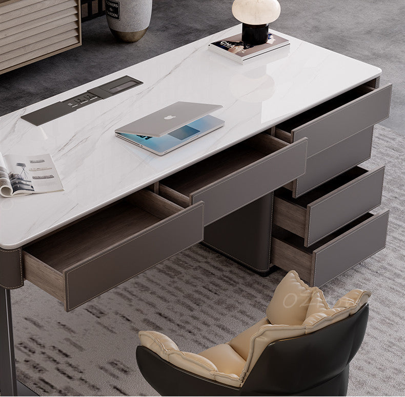 ISOLED High Gloss Fish Belly White Stone Board with Saddle Leather Wrapped Desk 160cm Office Desk | 6014