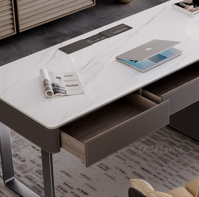 ISOLED High Gloss Fish Belly White Stone Board with Saddle Leather Wrapped Desk 160cm Office Desk | 6014