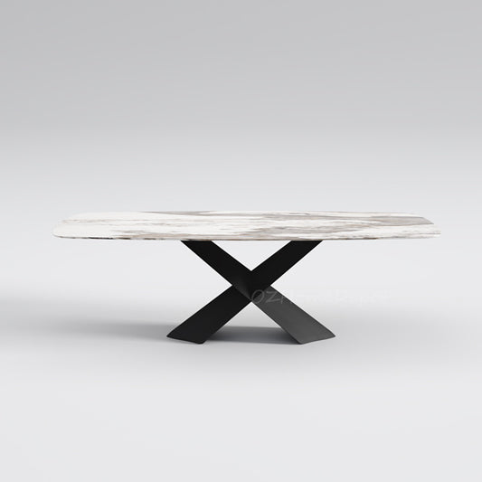 THIBAULT Multi-Size High-Gloss Pandora X Cross Carbon Steel Base Luxury Rock Slab Dining Table, Customizable | 9077