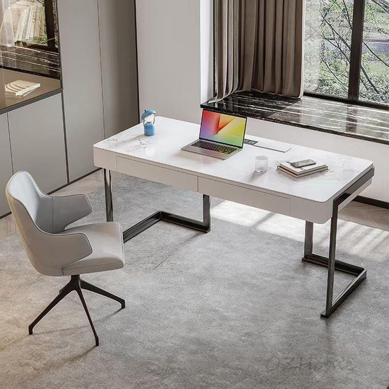 ORSO High Glossy White Marble Patterned Slab Desktop 160cm Desk Office Table | 6012