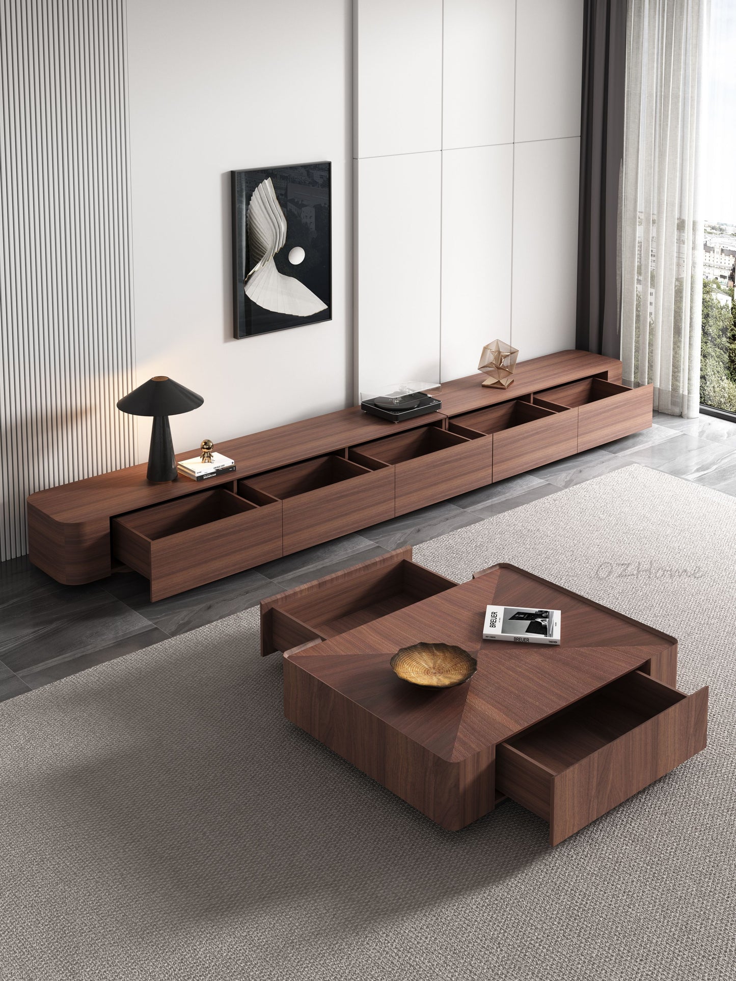 CALLIOPE Walnut-Color Parquet Extended Wooden TV Cabinet & Square Coffee Table Set