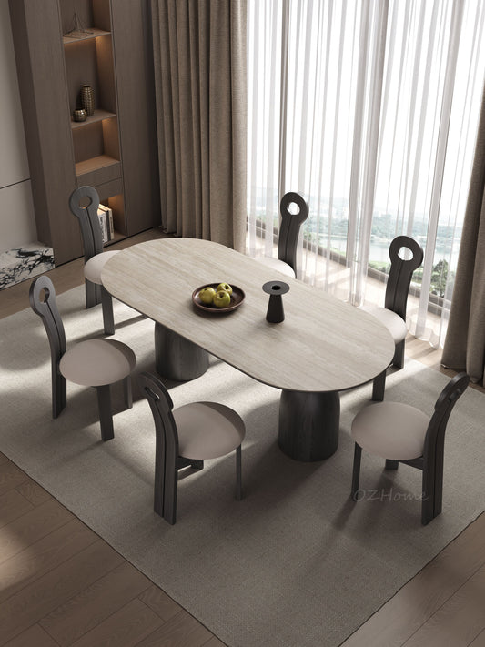 LUCIUS Gothic Style Black Dining Table with Travertine Top, Long Oval Shape, 180cm, Customizable | 9092