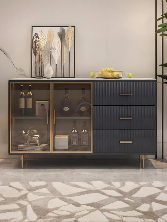 MATTEO Italian Black Sideboard with Glass and Drawers | Entryway Cabinet | Shoe Cabinet 7031