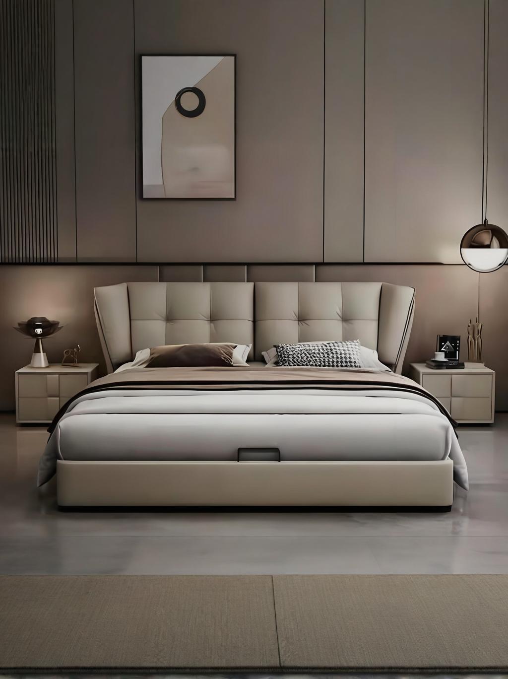 REMY Luxurious Leather Bed Frame/Solid timber/Modern light grey colour/ Queen/ King