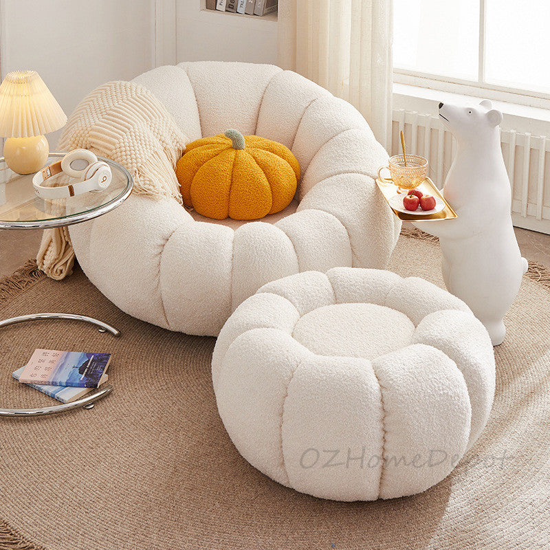 "PUMPKIN 【Special Offer with Footstool】Multiple Colors, Internet Famous Style, Milk White Sherpa Single Sofa in Pumpkin Shape