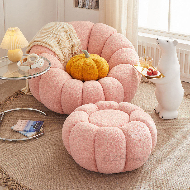 "PUMPKIN 【Special Offer with Footstool】Multiple Colors, Internet Famous Style, Milk White Sherpa Single Sofa in Pumpkin Shape