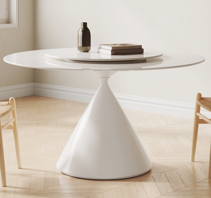 Wynot Sintered Stone Round Dining Table | Lazy Susan | White Steel Base | High Gross | Matte Fish-belly White Top 9090