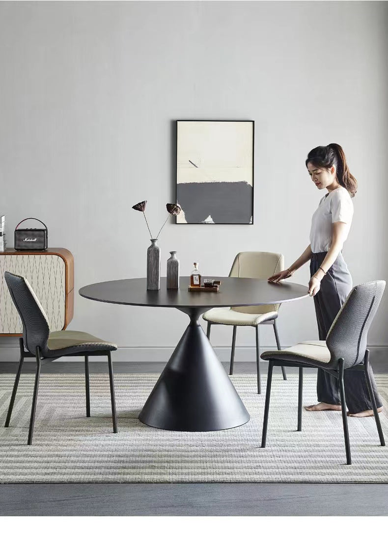 Wynot Sintered Stone Round Dining Table/Lazy Susan/ Black Steel Base/Matte / Glossy Fish-belly White Top