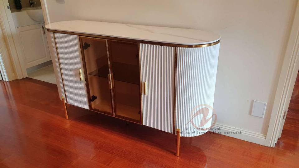 Dracone Buffet Sideboard Cabinet/ Cultured Marble Top/wood/solied timber/White&Gold colored