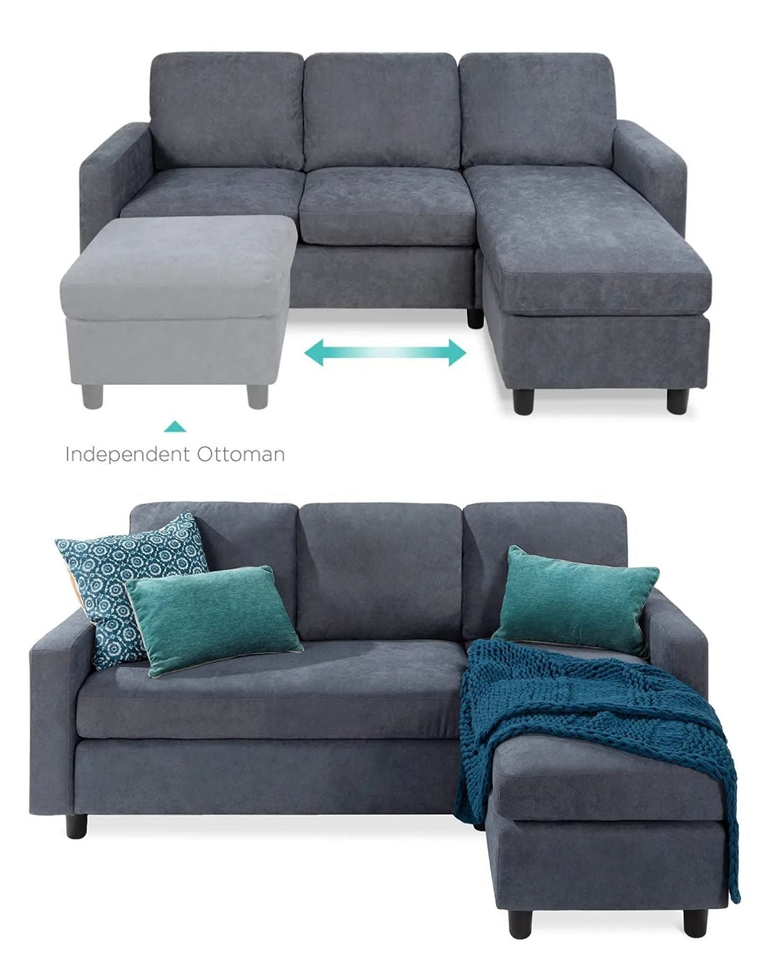 Linen Fabric 3-Seat Modular Sofa Grey With Ottoman | Reversible Ottoman | L Shape Sofa