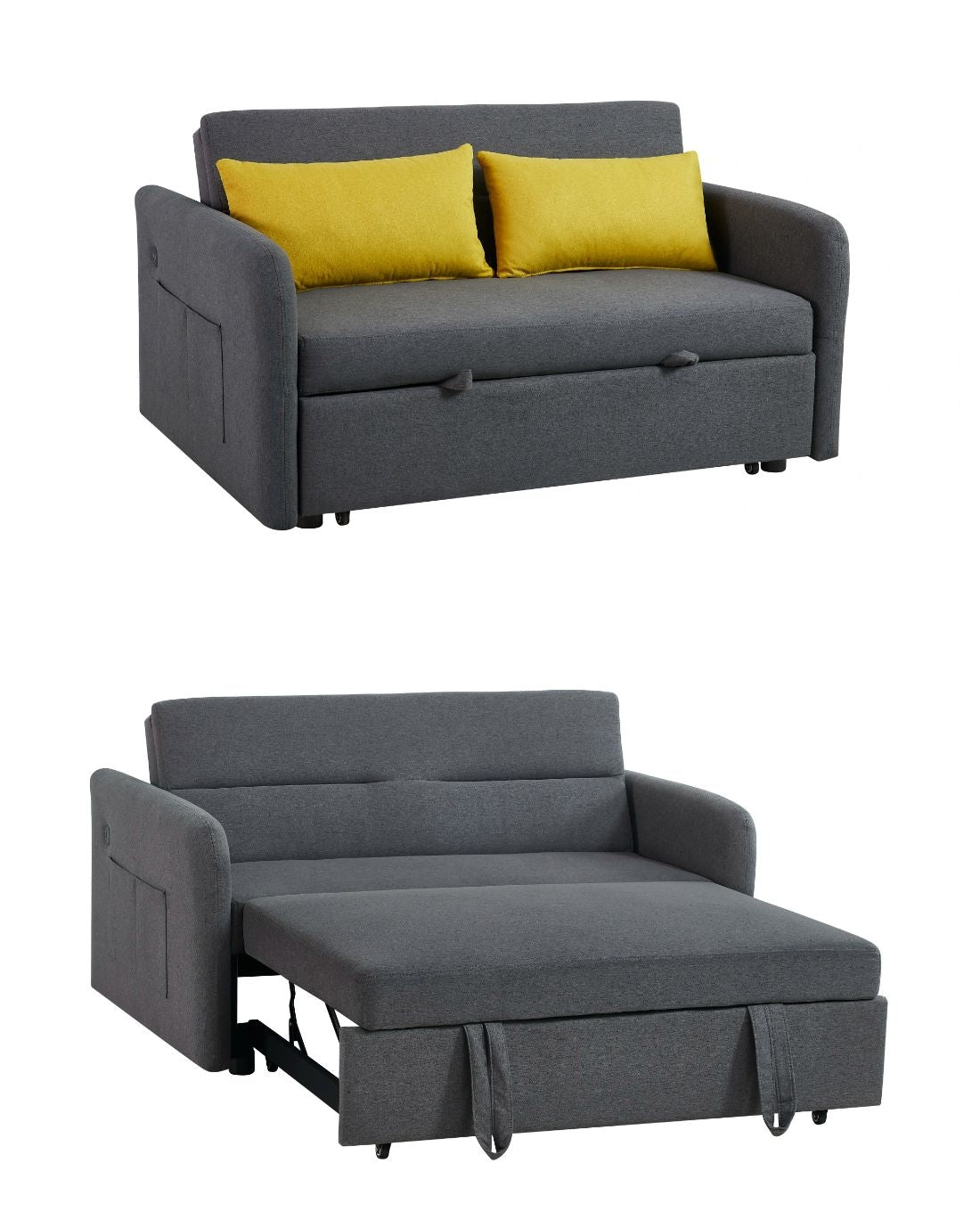 【Sofa Bed】Minimalist style, two-seater grey fabric pull-out sofa with cushions, model 1015