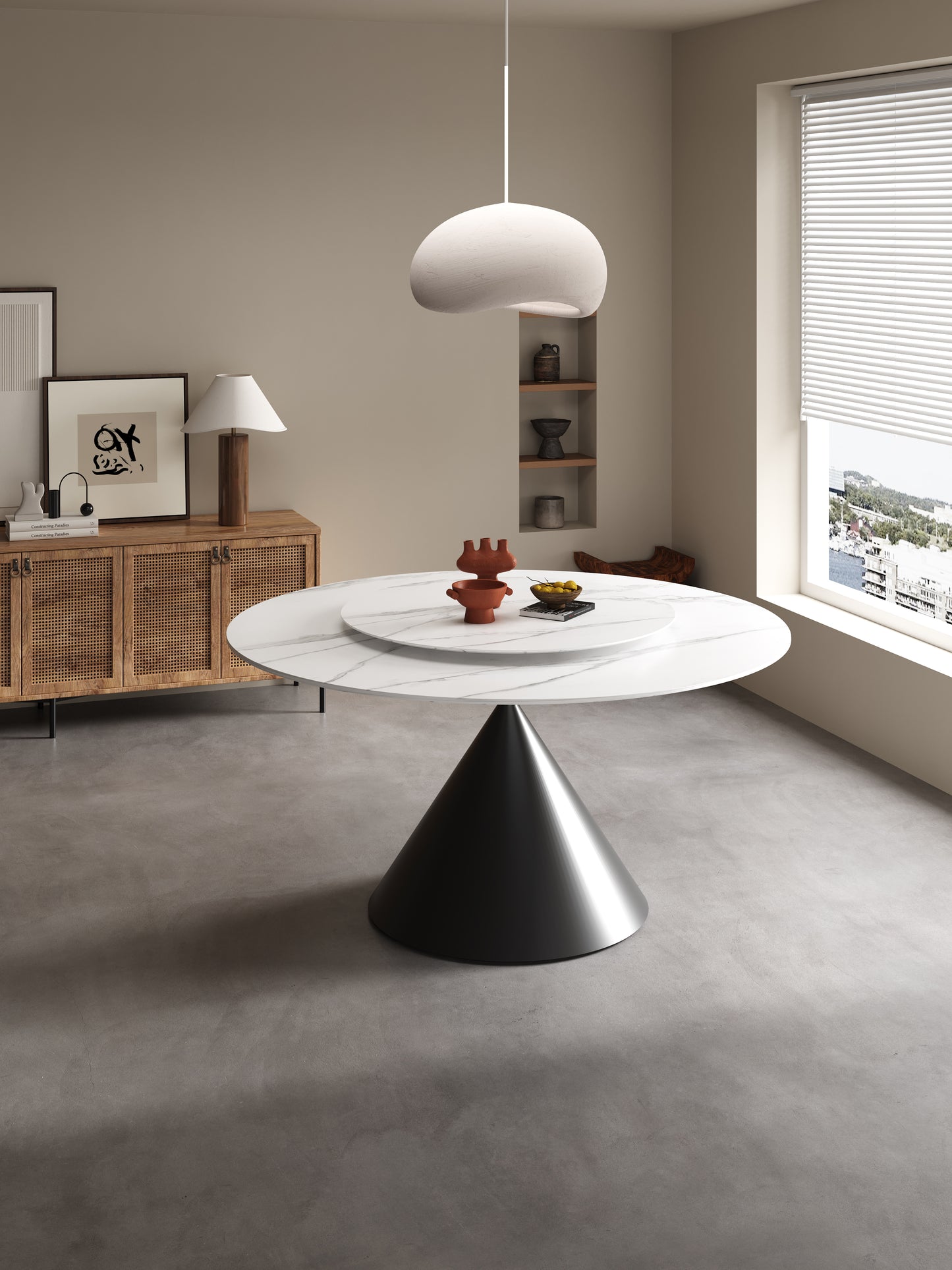 Wynot Sintered Stone Round Dining Table/Lazy Susan/ Black Steel Base/Matte / Glossy Fish-belly White Top