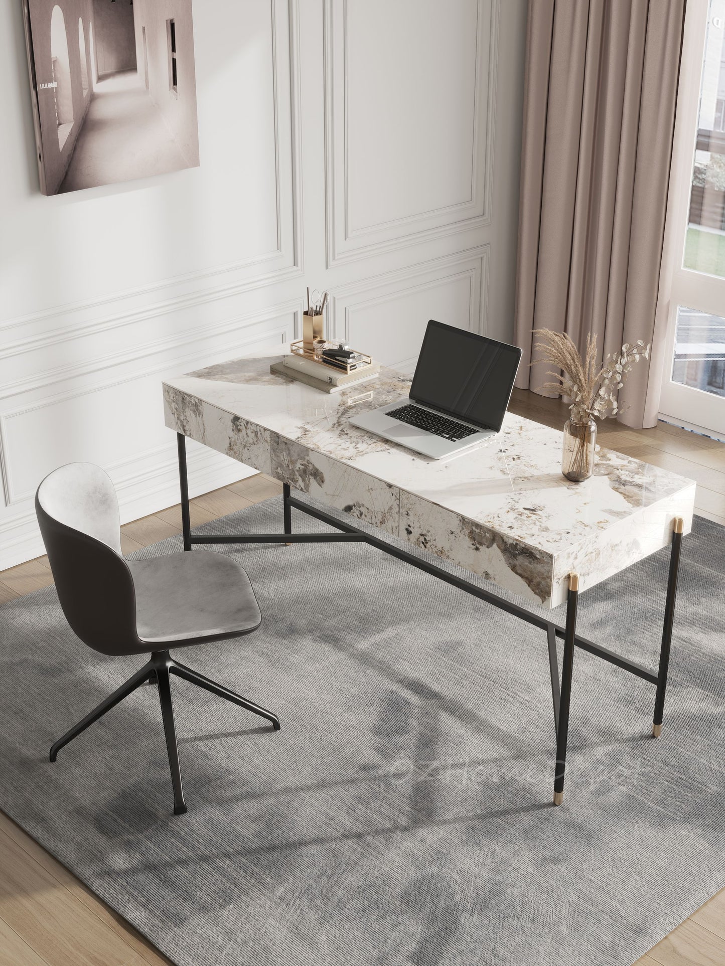 Igor Sintered Stone Top  Study Desk with Drawers /Steel Legs/Ceramic/ Home Office Desk