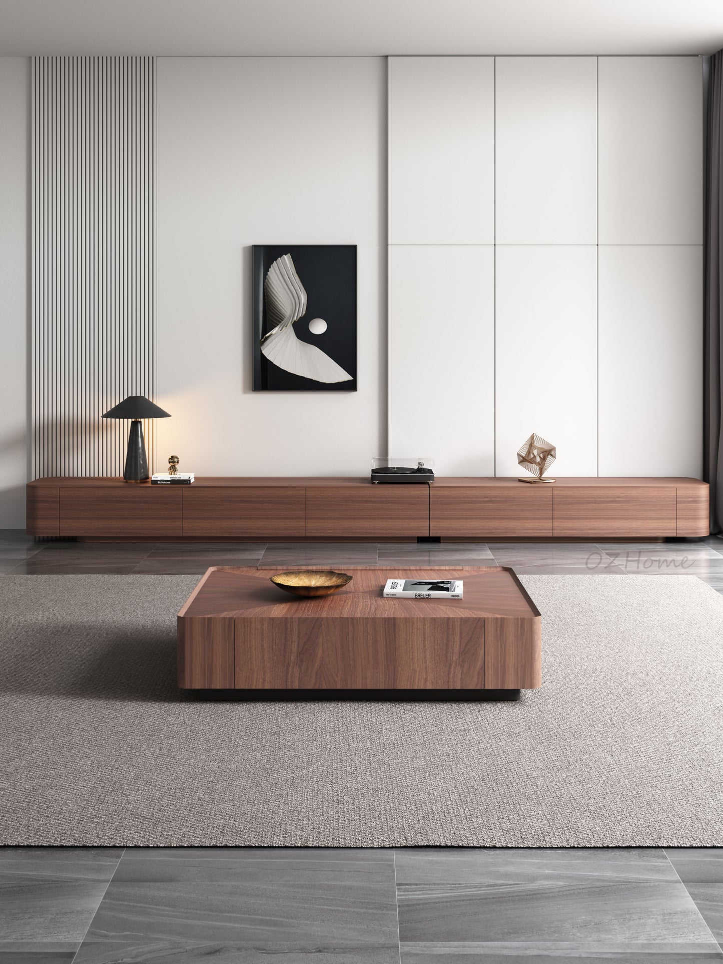 CALLIOPE Walnut-Color Parquet Extended Wooden TV Cabinet & Square Coffee Table Set