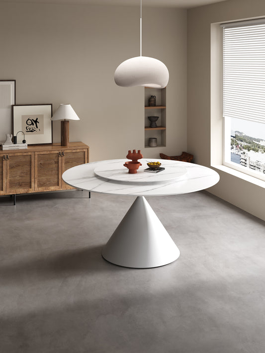 Wynot Sintered Stone Round Dining Table | Lazy Susan | White Steel Base | High Gross | Matte Fish-belly White Top 9090