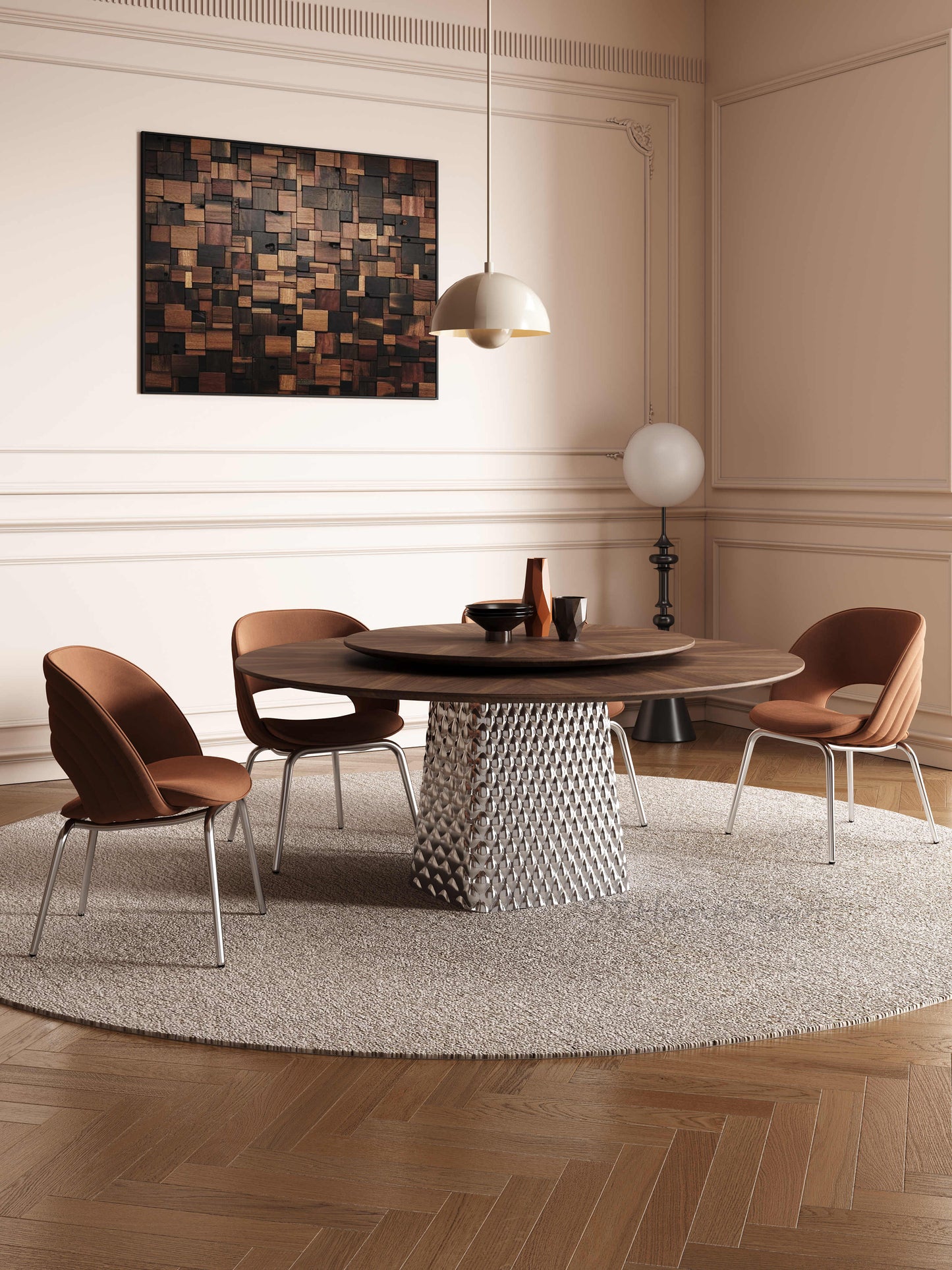 NIKA Walnut Color Spliced Tabletop with Gunmetal Base Dining Table | 9052