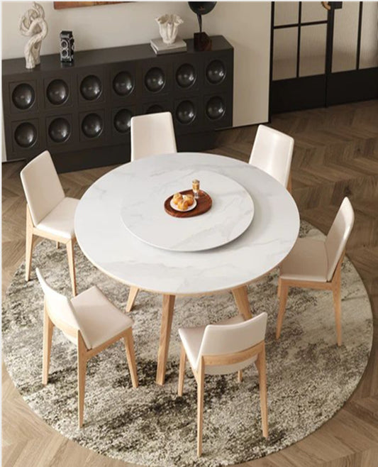 YILARA Sintered Stone Round Dining Table/Lazy Susan/Solid Timber Base/Glossy Fish-belly White Top