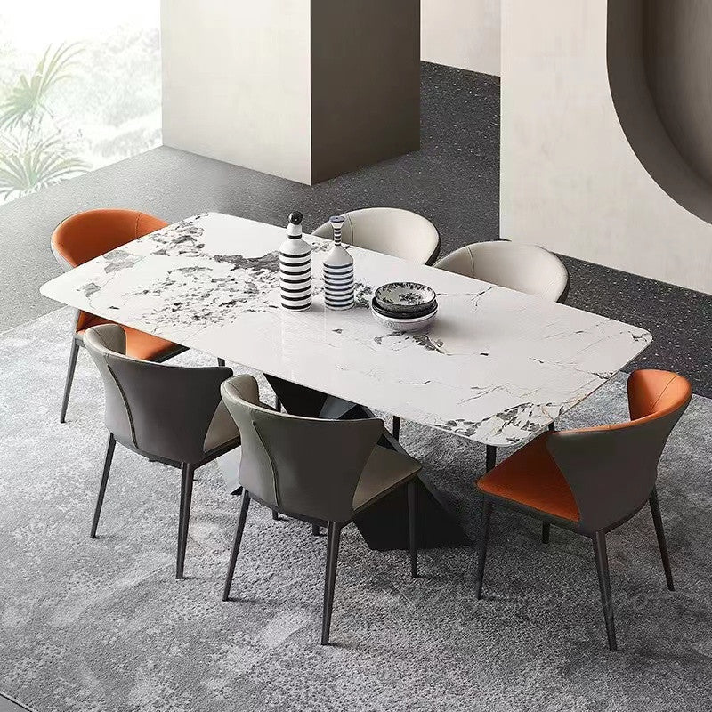 THIBAULT Multi-Size High-Gloss Pandora X Cross Carbon Steel Base Luxury Rock Slab Dining Table, Customizable | 9077