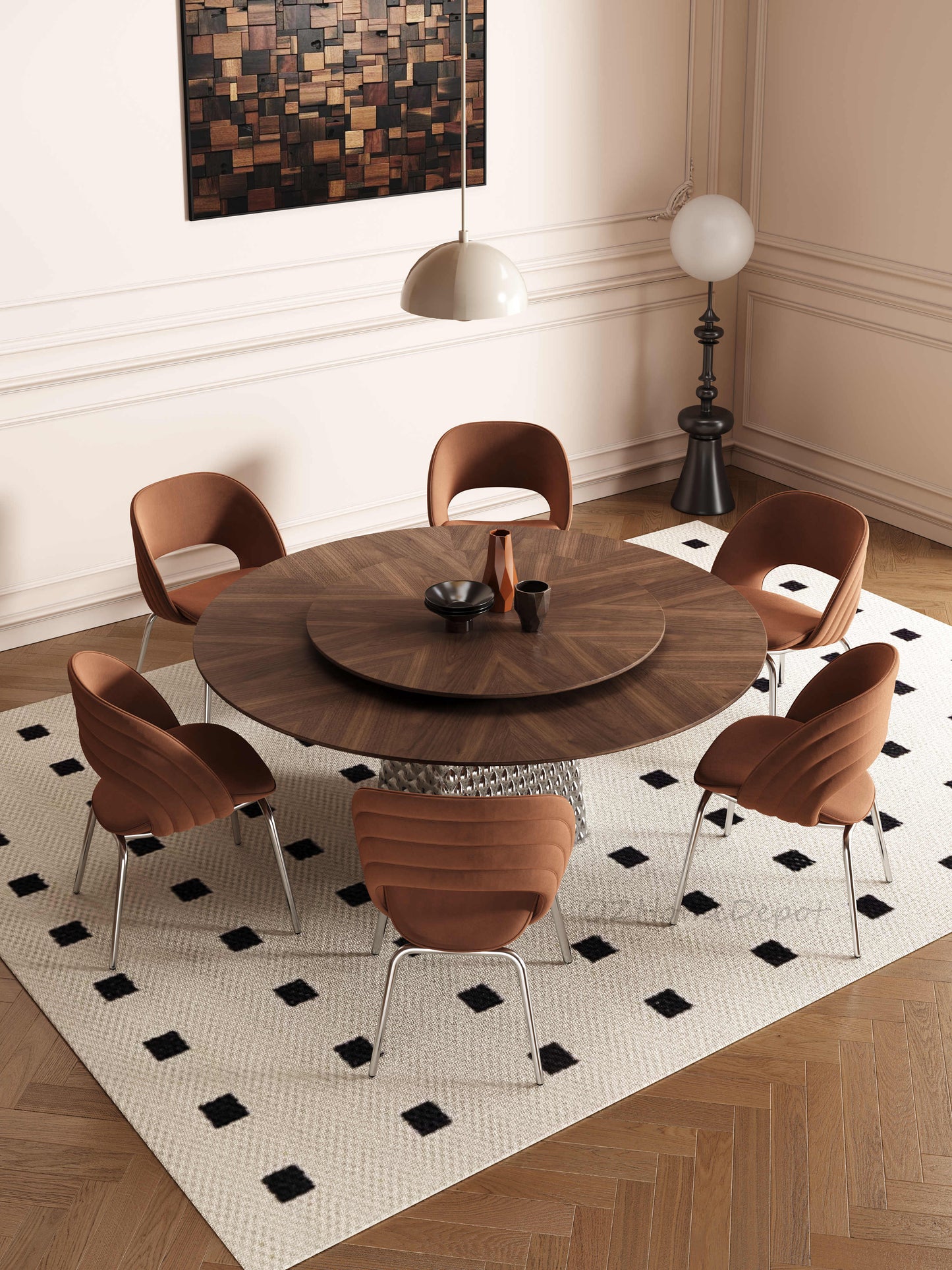 NIKA Walnut Color Spliced Tabletop with Gunmetal Base Dining Table | 9052