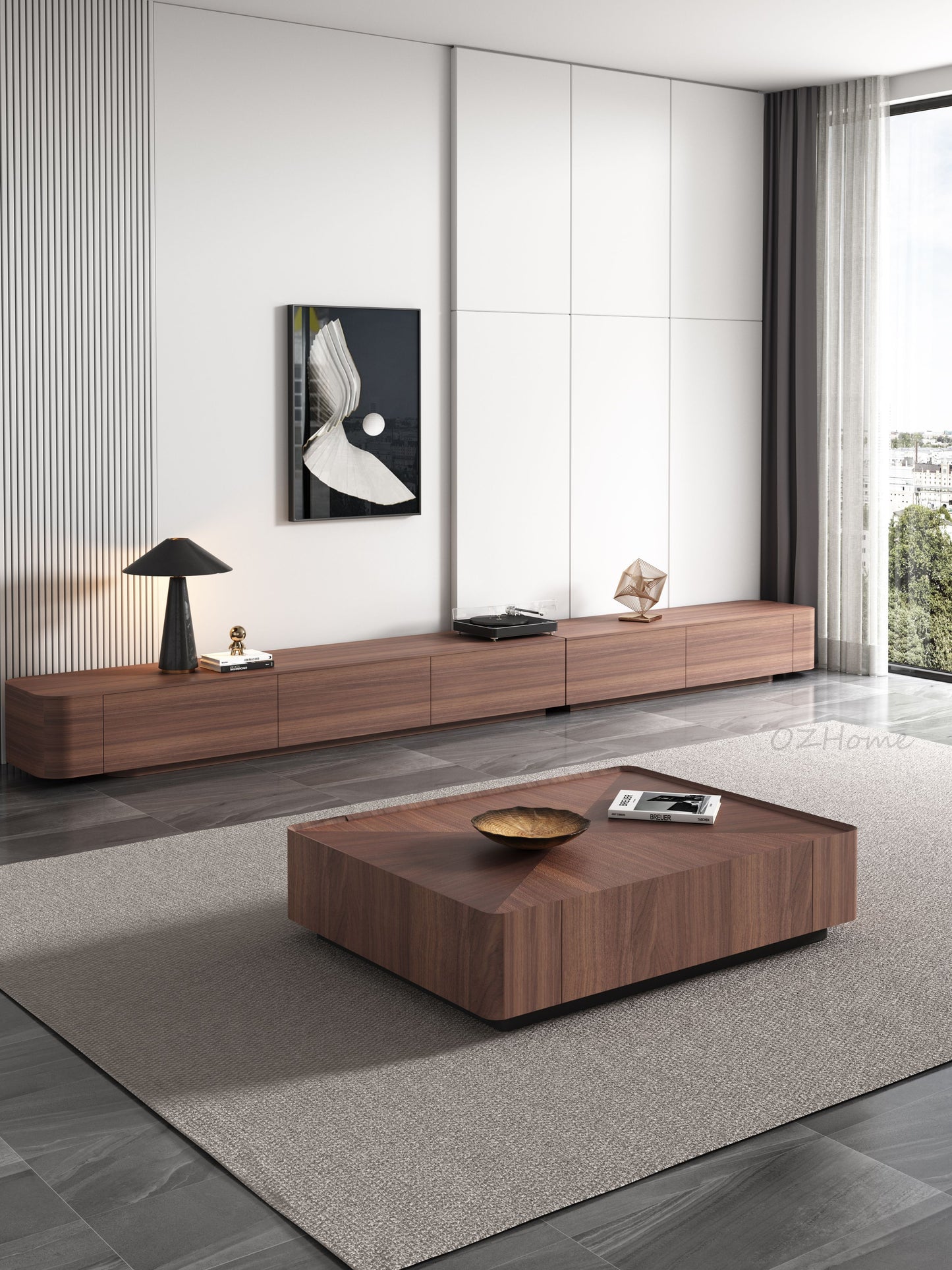 CALLIOPE Walnut-Color Parquet Extended Wooden TV Cabinet & Square Coffee Table Set