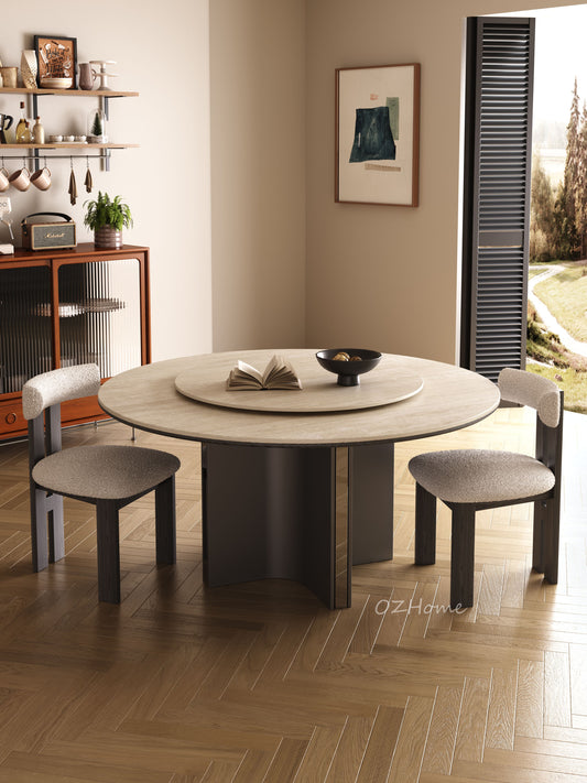 AMAURY Travertine Tabletop, Sculptural Base with Optional Lazy Susan | Dining Table | Round Table | Lazy Susan | 9059