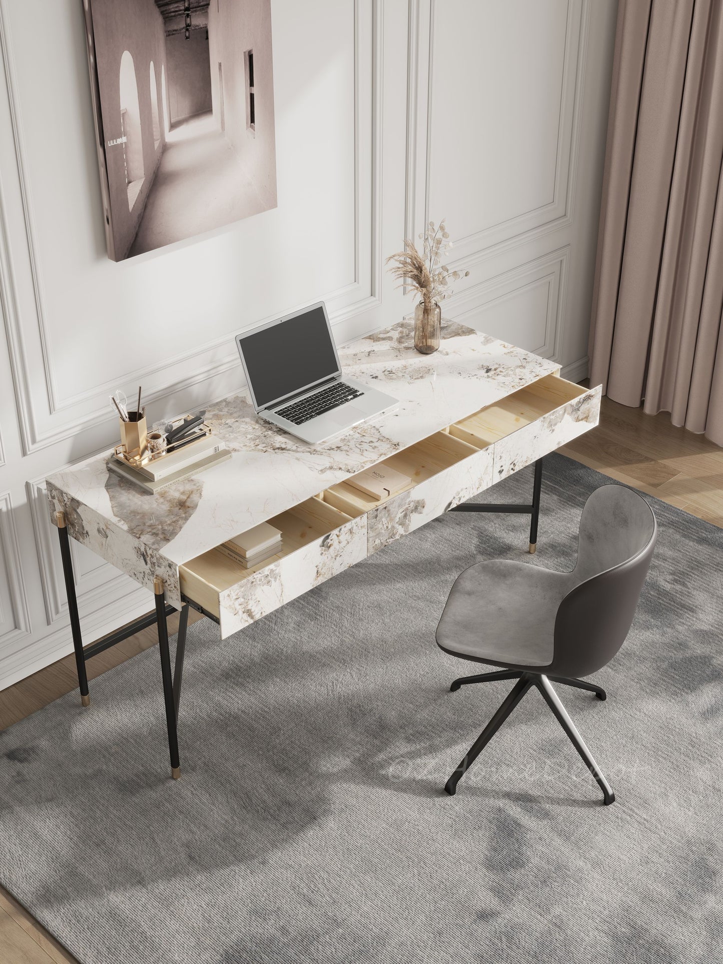 Igor Sintered Stone Top  Study Desk with Drawers /Steel Legs/Ceramic/ Home Office Desk