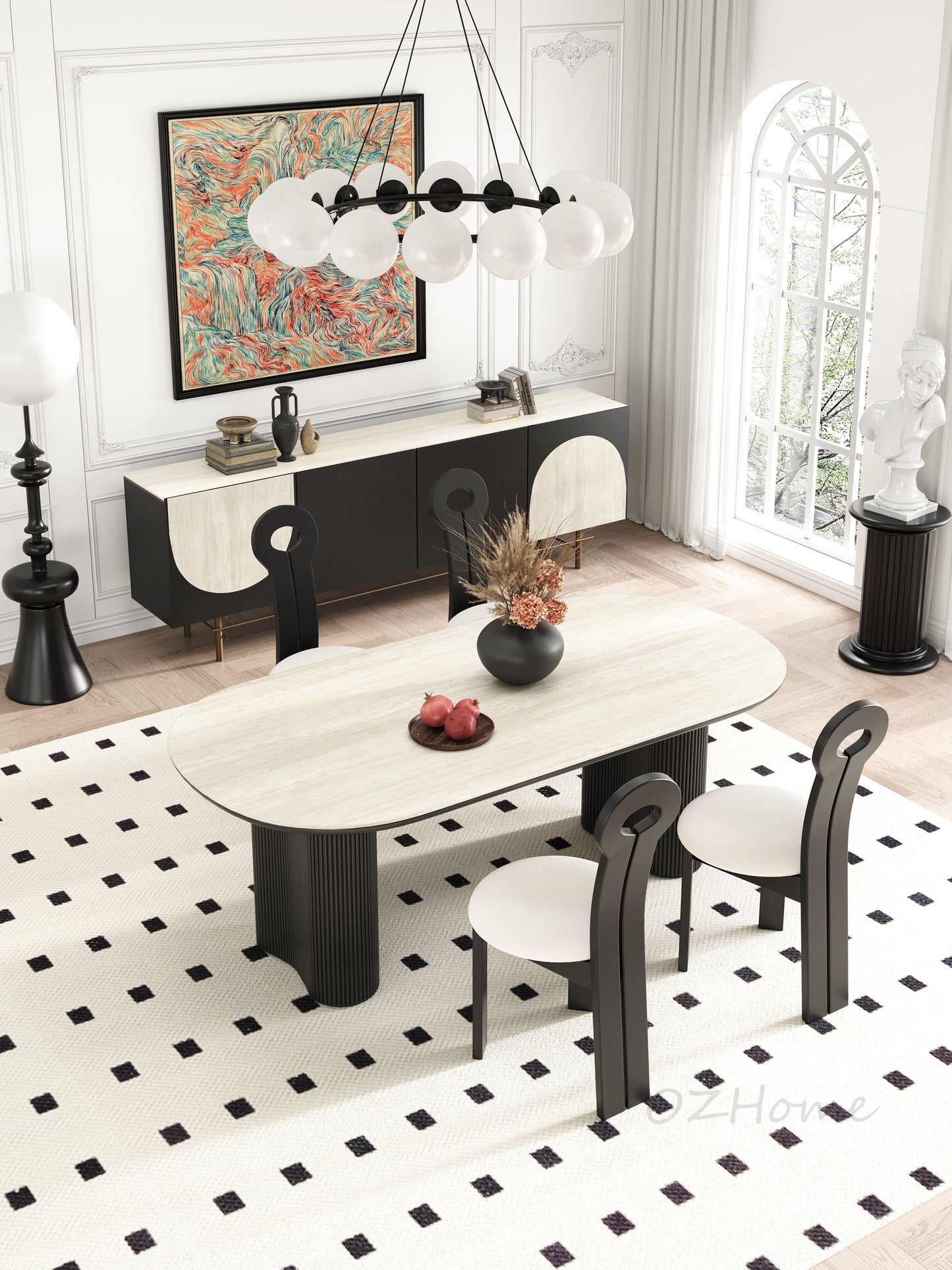 【Pre-order】OPHELIA Gothic Style Black with White Marble-Patterned Sintered Stone Tabletop Oval Dining Table 180cm Customizable | 9095