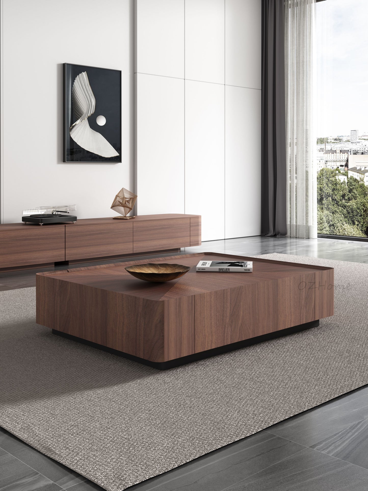 CALLIOPE Walnut-Color Parquet Extended Wooden TV Cabinet & Square Coffee Table Set