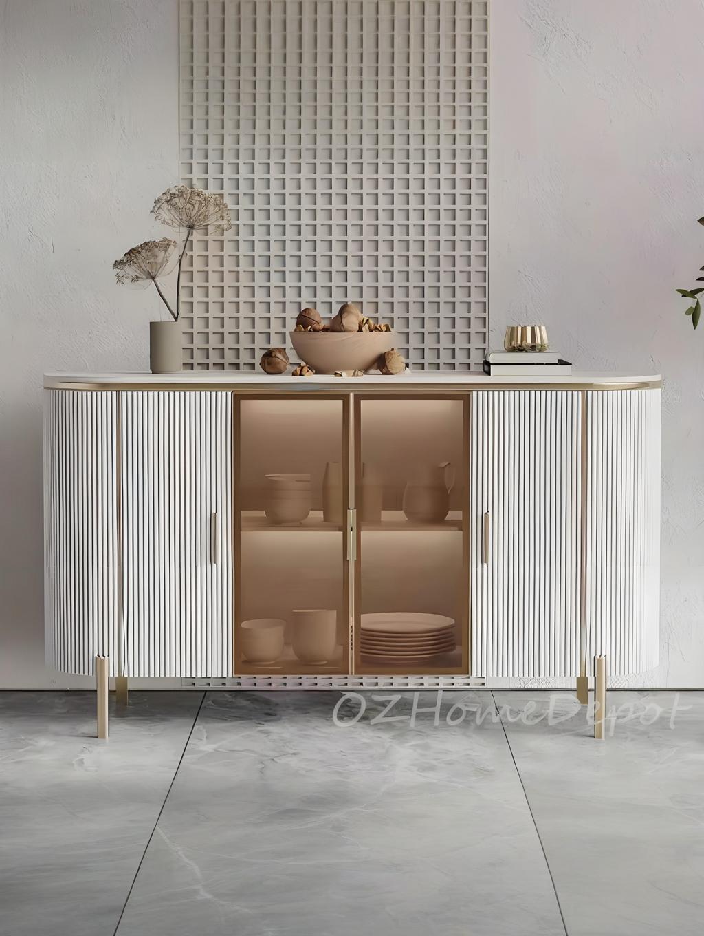 Dracone Buffet Sideboard Cabinet/ Cultured Marble Top/wood/solied timber/White&Gold colored