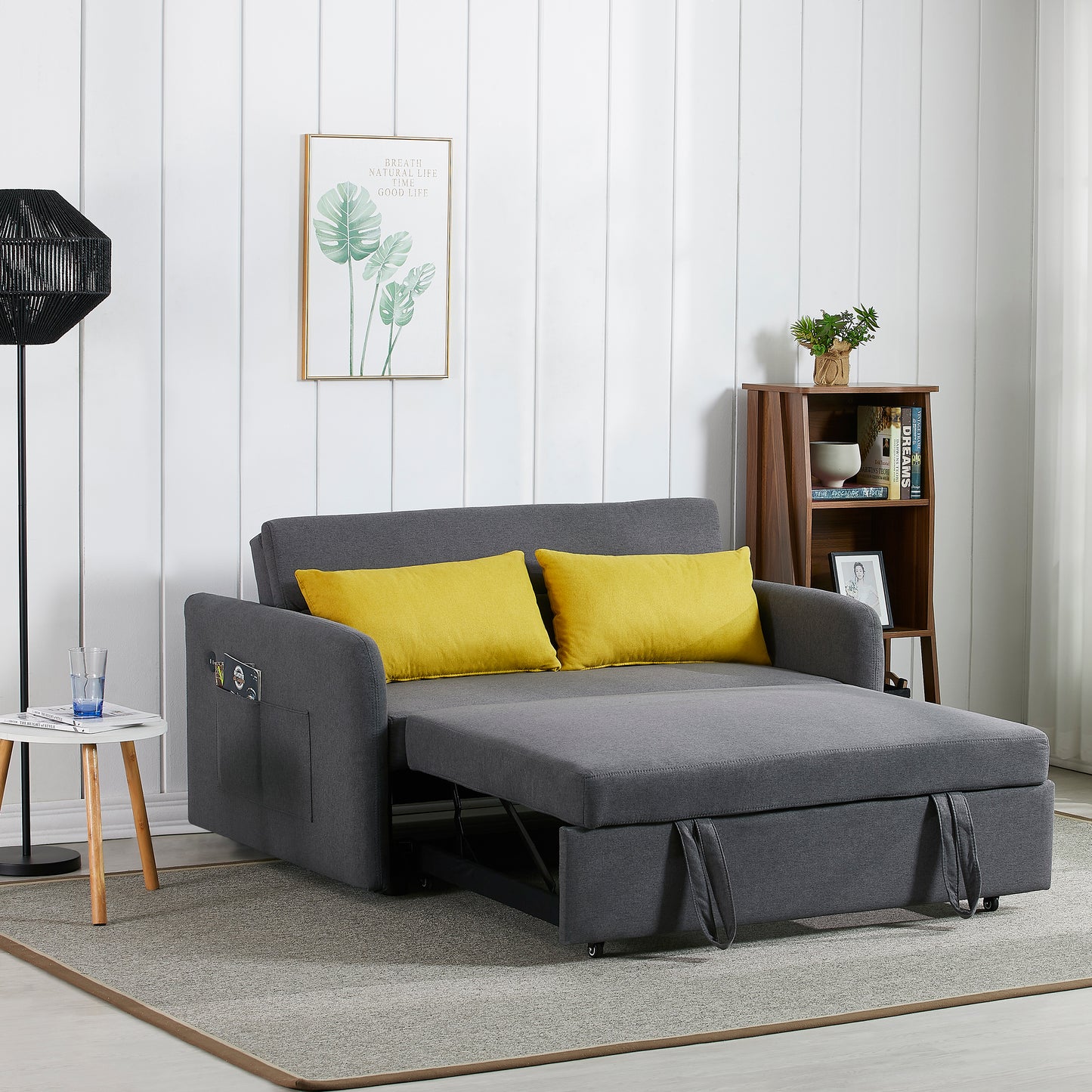 【Sofa Bed】Minimalist style, two-seater grey fabric pull-out sofa with cushions, model 1015