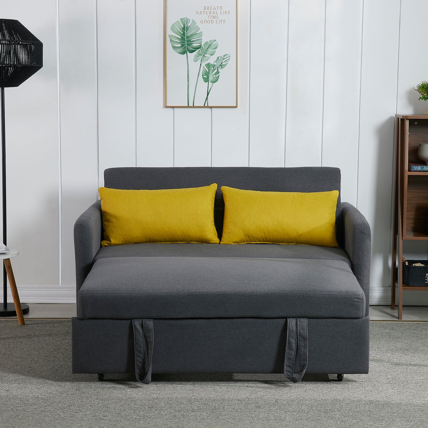 【Sofa Bed】Minimalist style, two-seater grey fabric pull-out sofa with cushions, model 1015