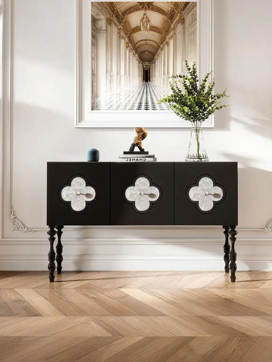 MORTIMER Gothic-Style Black Cabinet with White Natural Shell Decorative Doors, Storage Sideboard | Floral Pattern | Buffet 7026