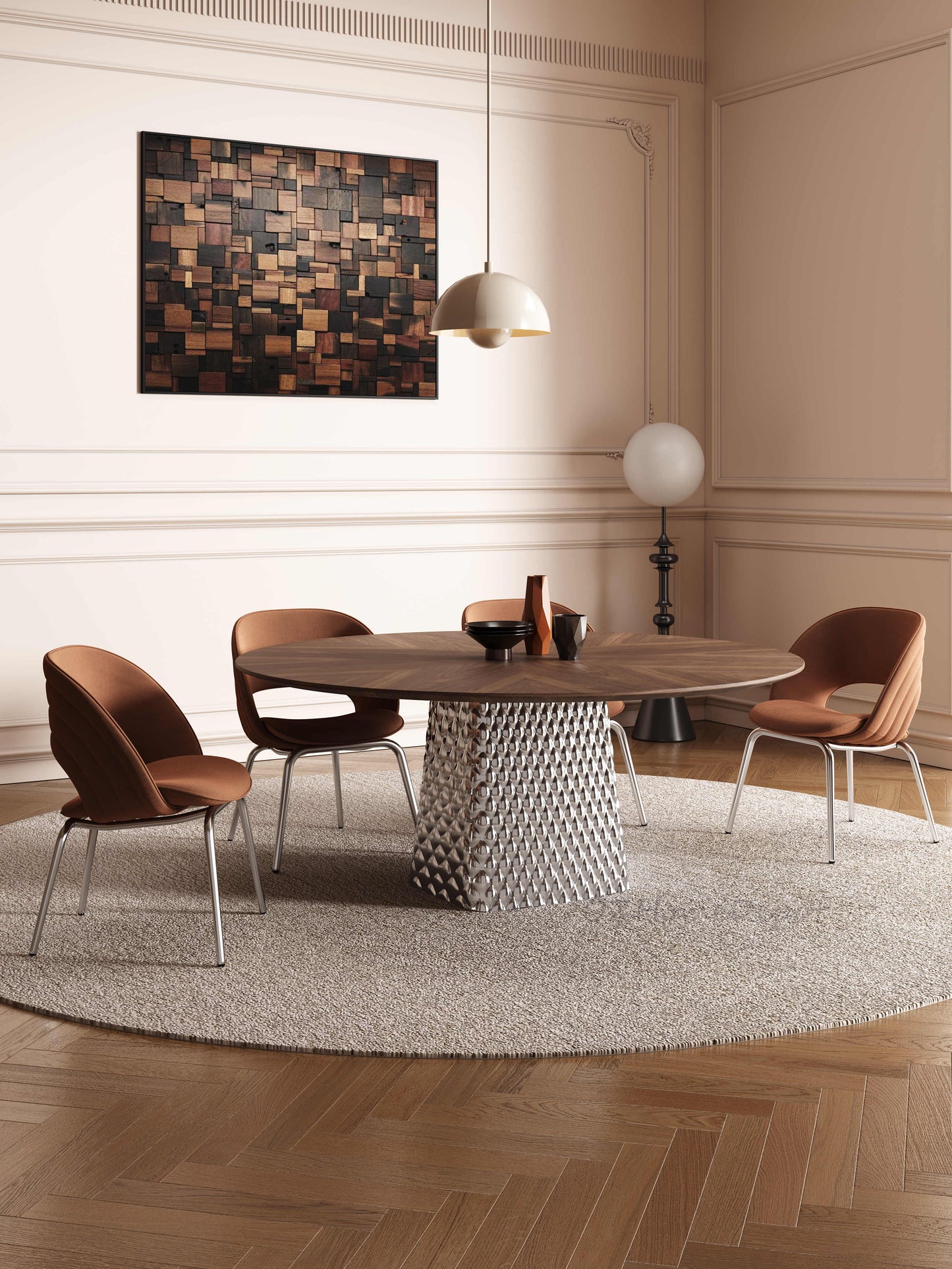 NIKA Walnut Color Spliced Tabletop with Gunmetal Base Dining Table | 9052