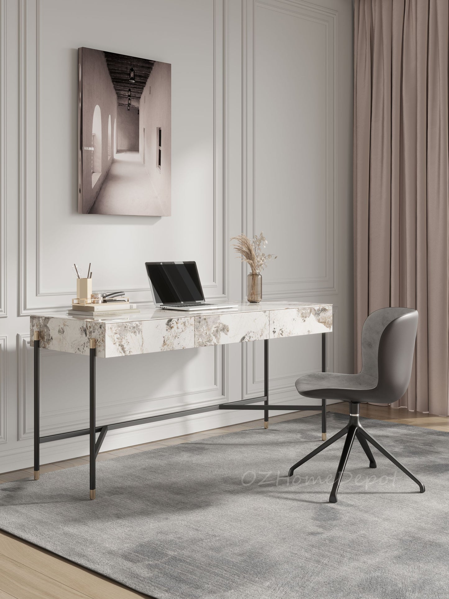 Igor Sintered Stone Top  Study Desk with Drawers /Steel Legs/Ceramic/ Home Office Desk