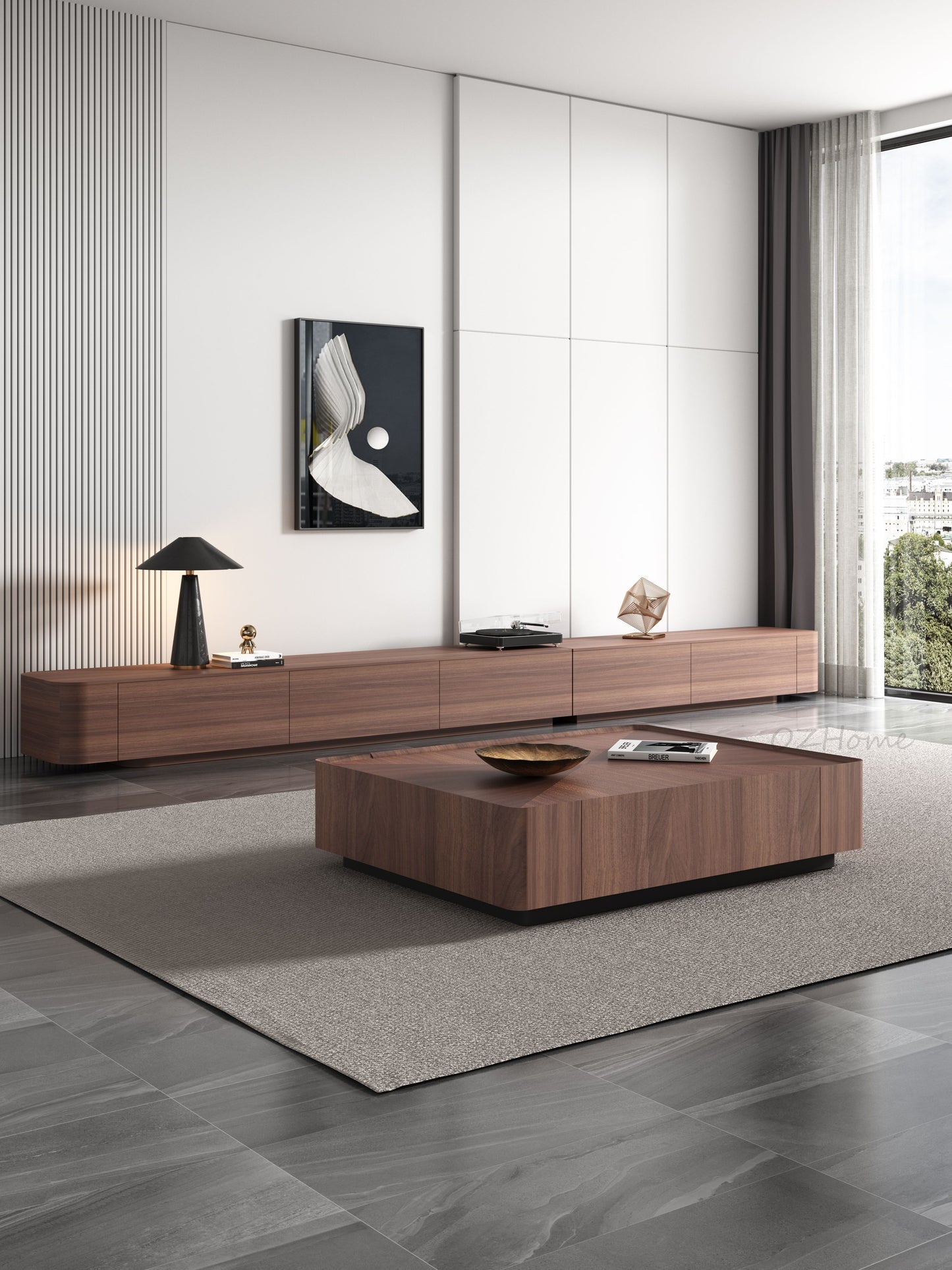 CALLIOPE Walnut-Color Parquet Extended Wooden TV Cabinet & Square Coffee Table Set