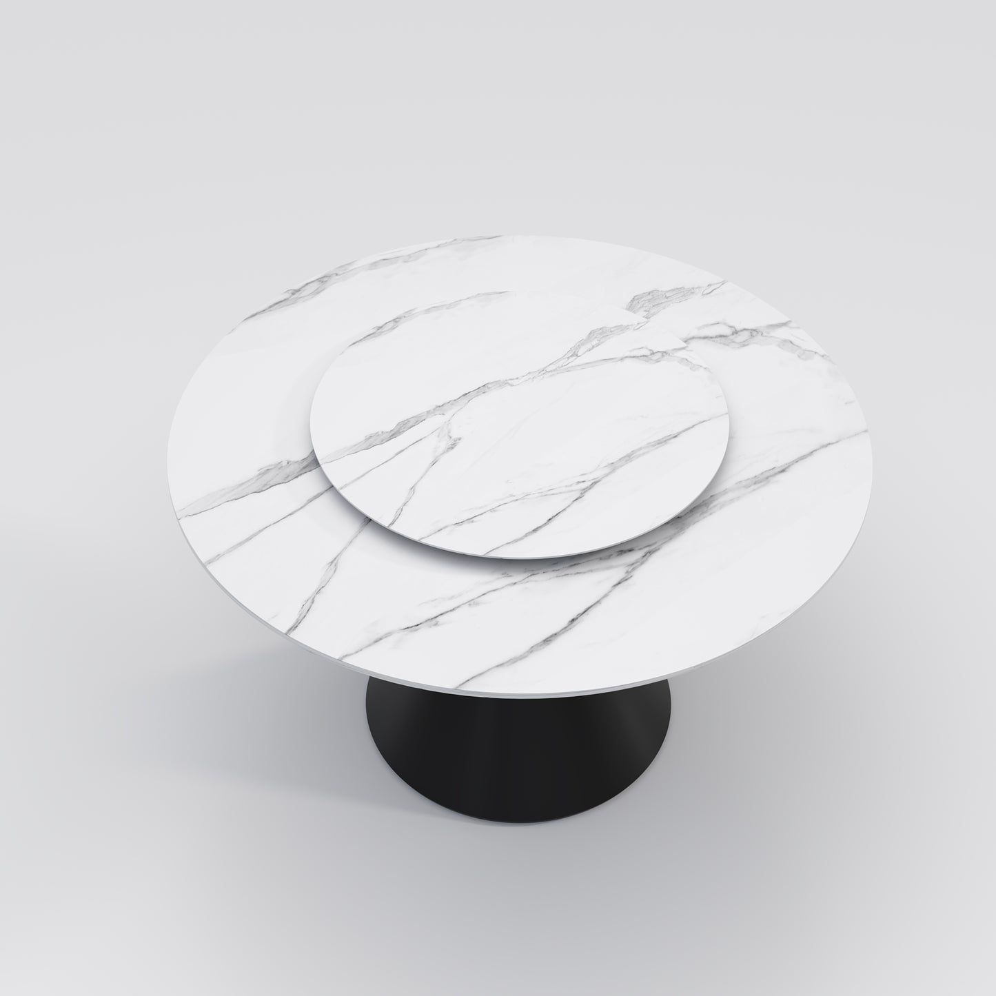 Wynot Sintered Stone Round Dining Table/Lazy Susan/ Black Steel Base/Matte / Glossy Fish-belly White Top