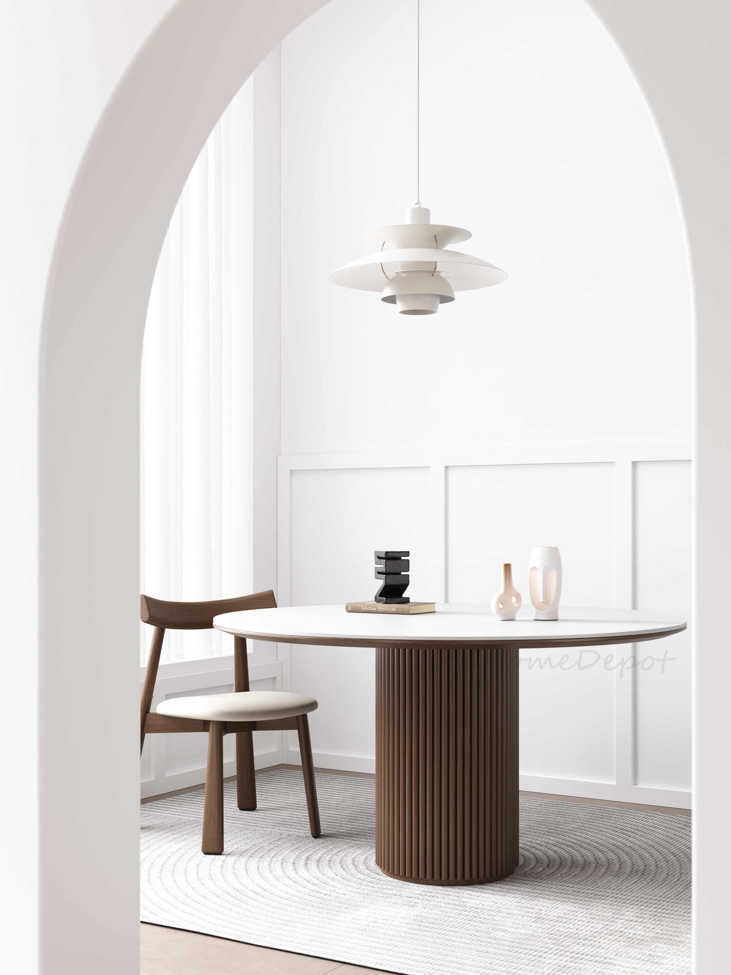 ORCHID White High Gloss Sintered Stone Panel Tabletop with Solid Wood Base Circular Dining Table 9049