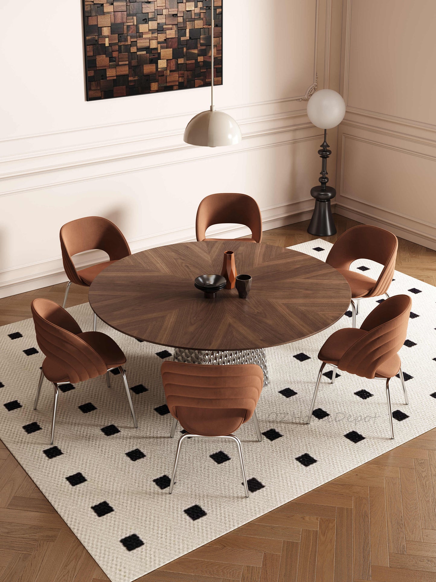 NIKA Walnut Color Spliced Tabletop with Gunmetal Base Dining Table | 9052