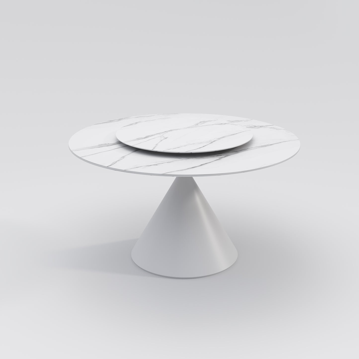 Wynot Sintered Stone Round Dining Table | Lazy Susan | White Steel Base | High Gross | Matte Fish-belly White Top 9090