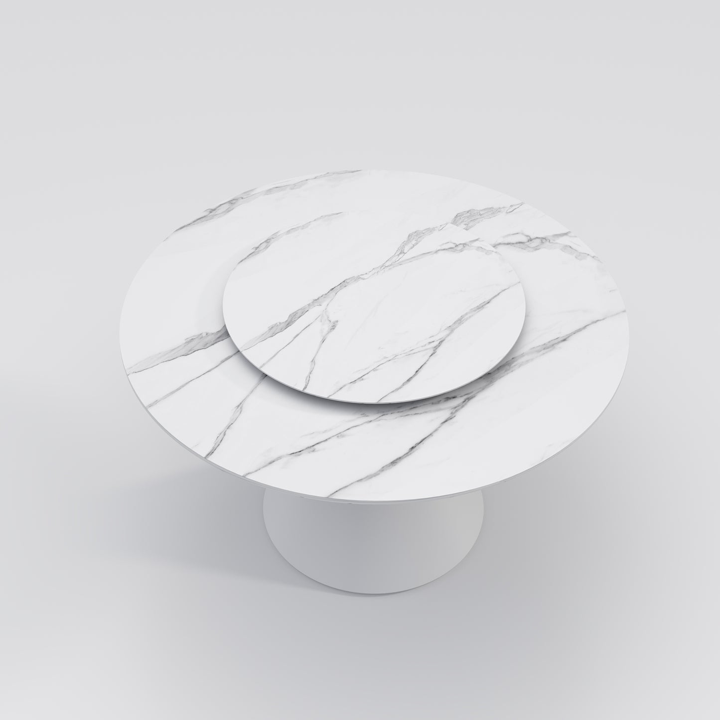 Wynot Sintered Stone Round Dining Table | Lazy Susan | White Steel Base | High Gross | Matte Fish-belly White Top 9090