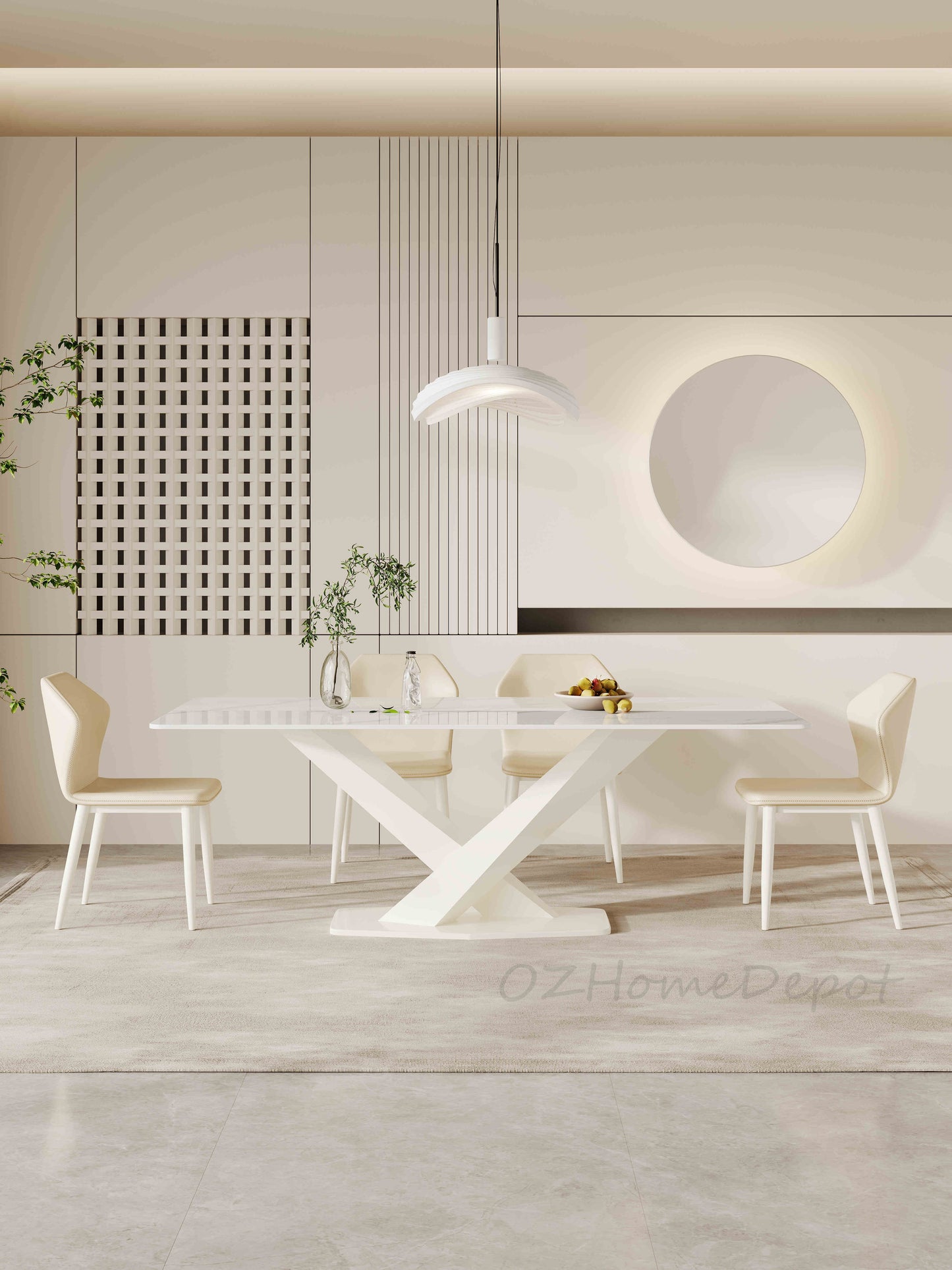 LEONIDA White Crossed Base High-End Stone Top Dining Table | Dining Chairs | Set | 9040