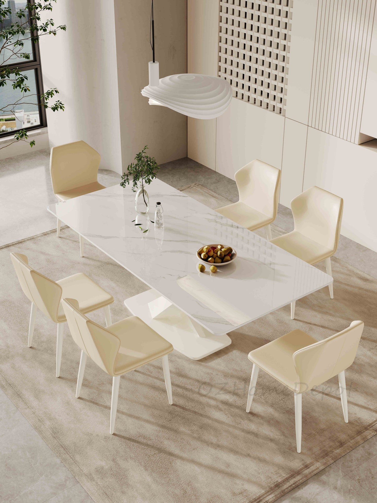 LEONIDA White Crossed Base High-End Stone Top Dining Table | Dining Chairs | Set | 9040