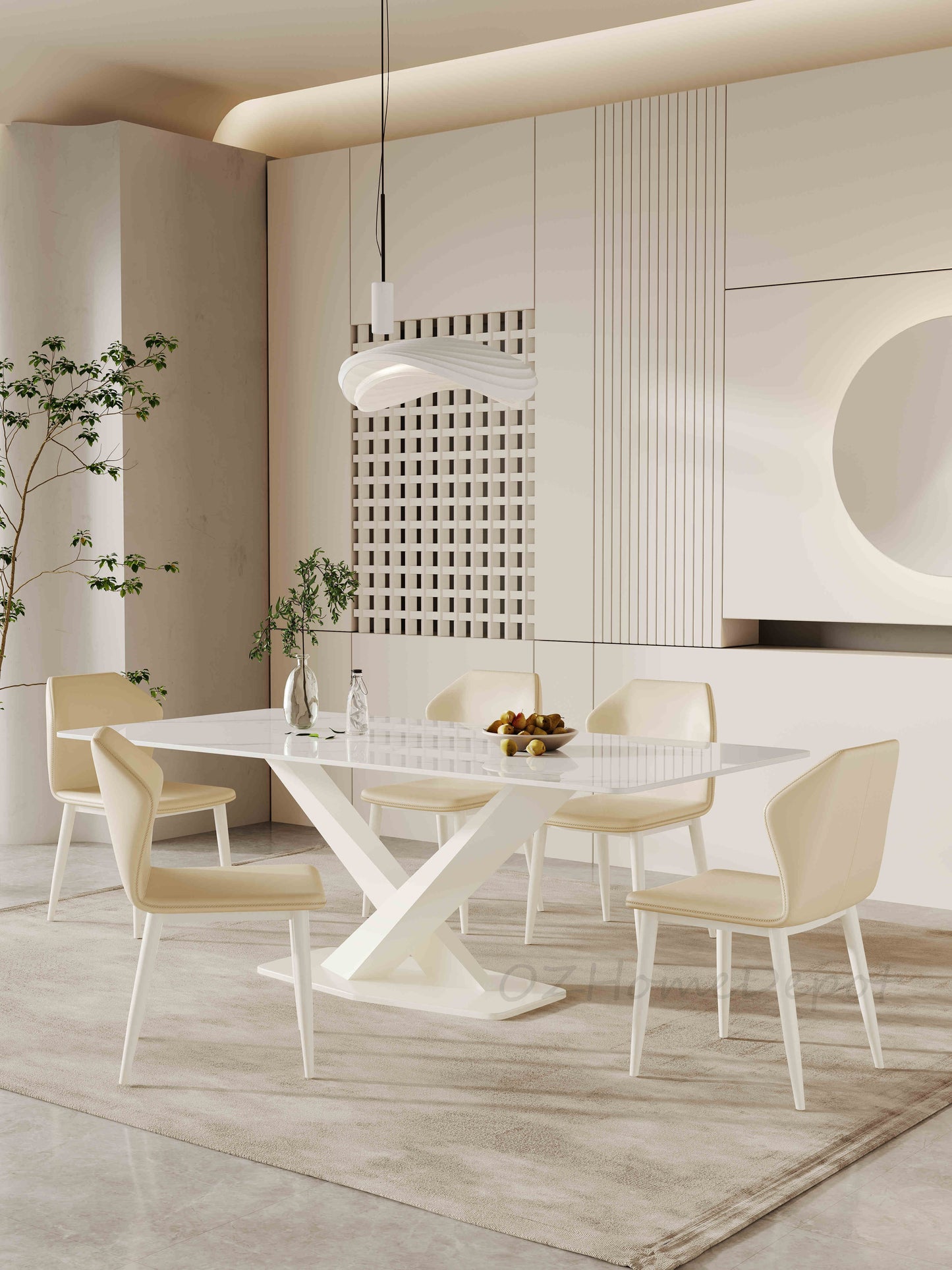 LEONIDA White Crossed Base High-End Stone Top Dining Table | Dining Chairs | Set | 9040