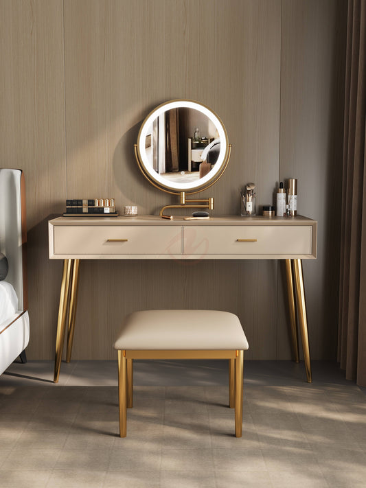 Veloutée Small Vanity Table with Oatmeal Stone Top, Includes Mirror and Stool | Set 6021-80