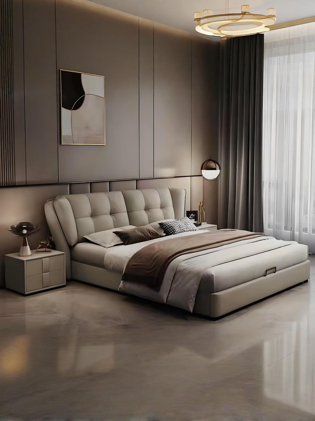 REMY Luxurious Leather Bed Frame/Solid timber/Modern light grey colour/ Queen/ King