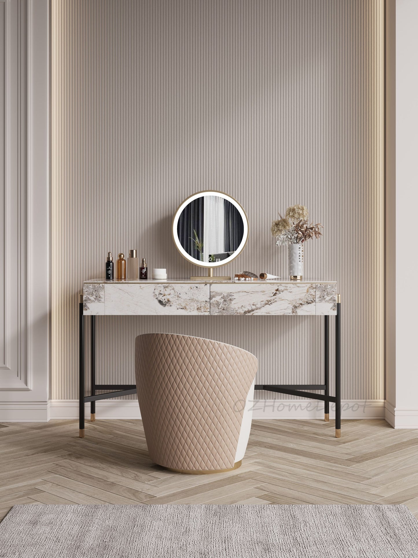 Arna Ceramic Vanity Table with Stool and LED Mirror/vanity table/Dressing Table with mirror and drawers