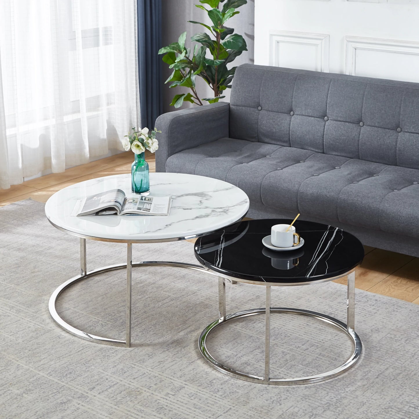 【50% OFF】GLORIA Morden/Nesting Marble Coffee Table Set (Sliver base)/Stainless steel